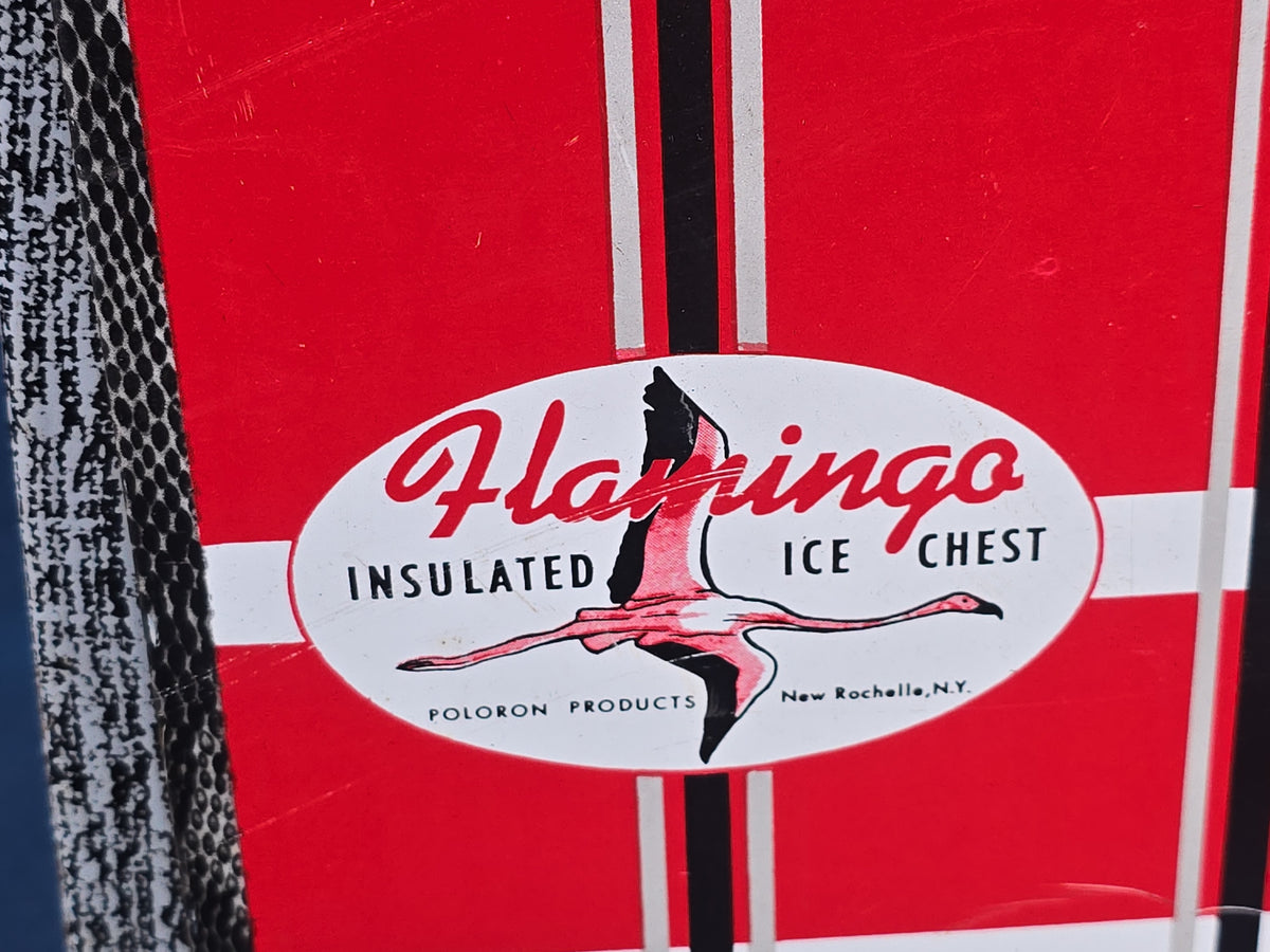 Vintage Flamingo Insulated Ice Chest with Red Plaid Tin Lithograph Panels, Manufactured by Poloron Products, New Rochelle, New York