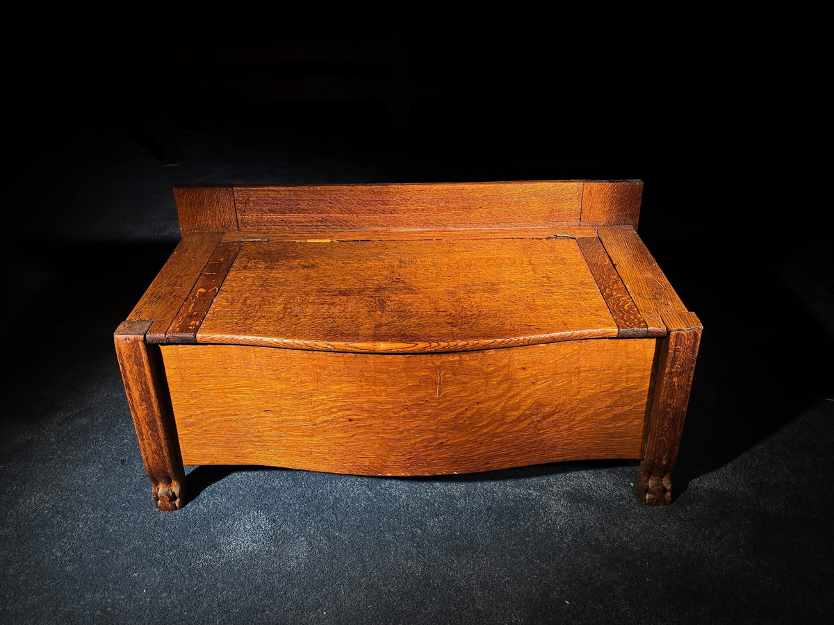 Antique Quarter-Sawn Oak Lift-Top Blanket Chest Bench with Carved Paw Feet