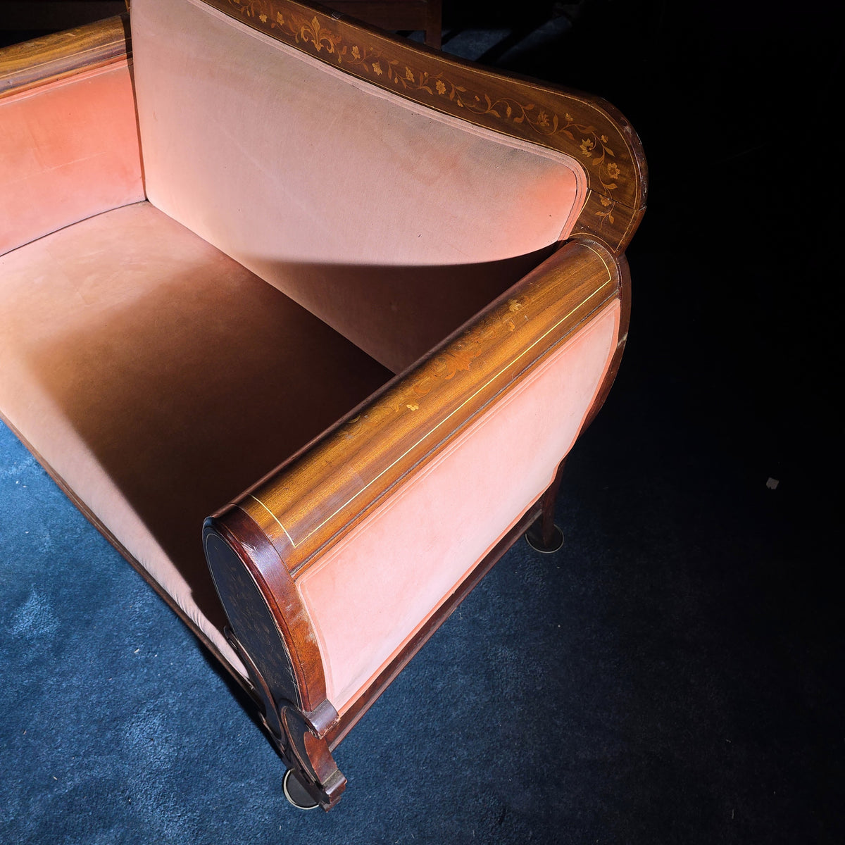 Antique Dutch Marquetry Inlaid Upholstered Settee