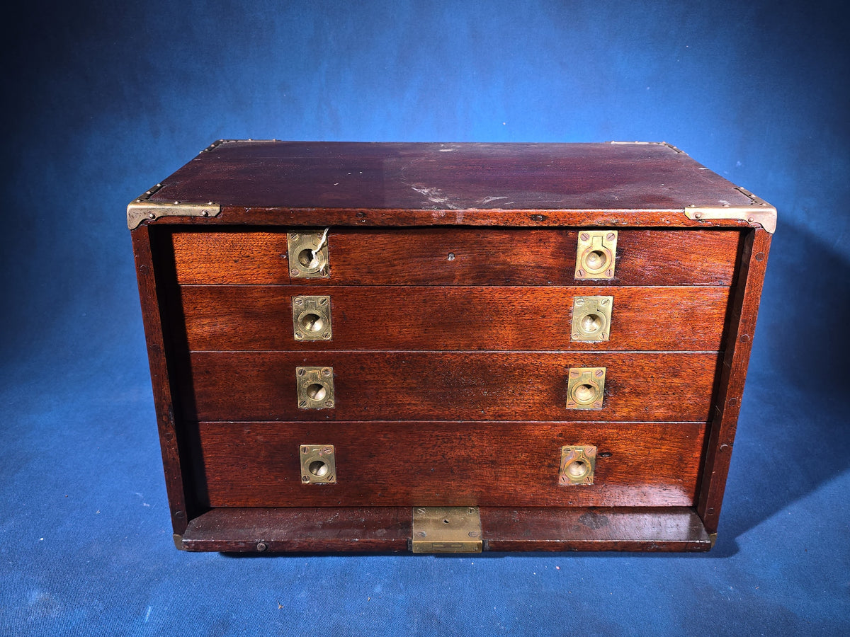 Antique Brass-Bound Mahogany Tool Chest with Four Felt-Lined Drawers