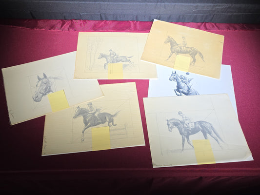 Grouping of Six Vintage Original Pen and Ink Drawings on Paper by C.W. Anderson, Equestrian Subjects with Verso Notations for Book Publication