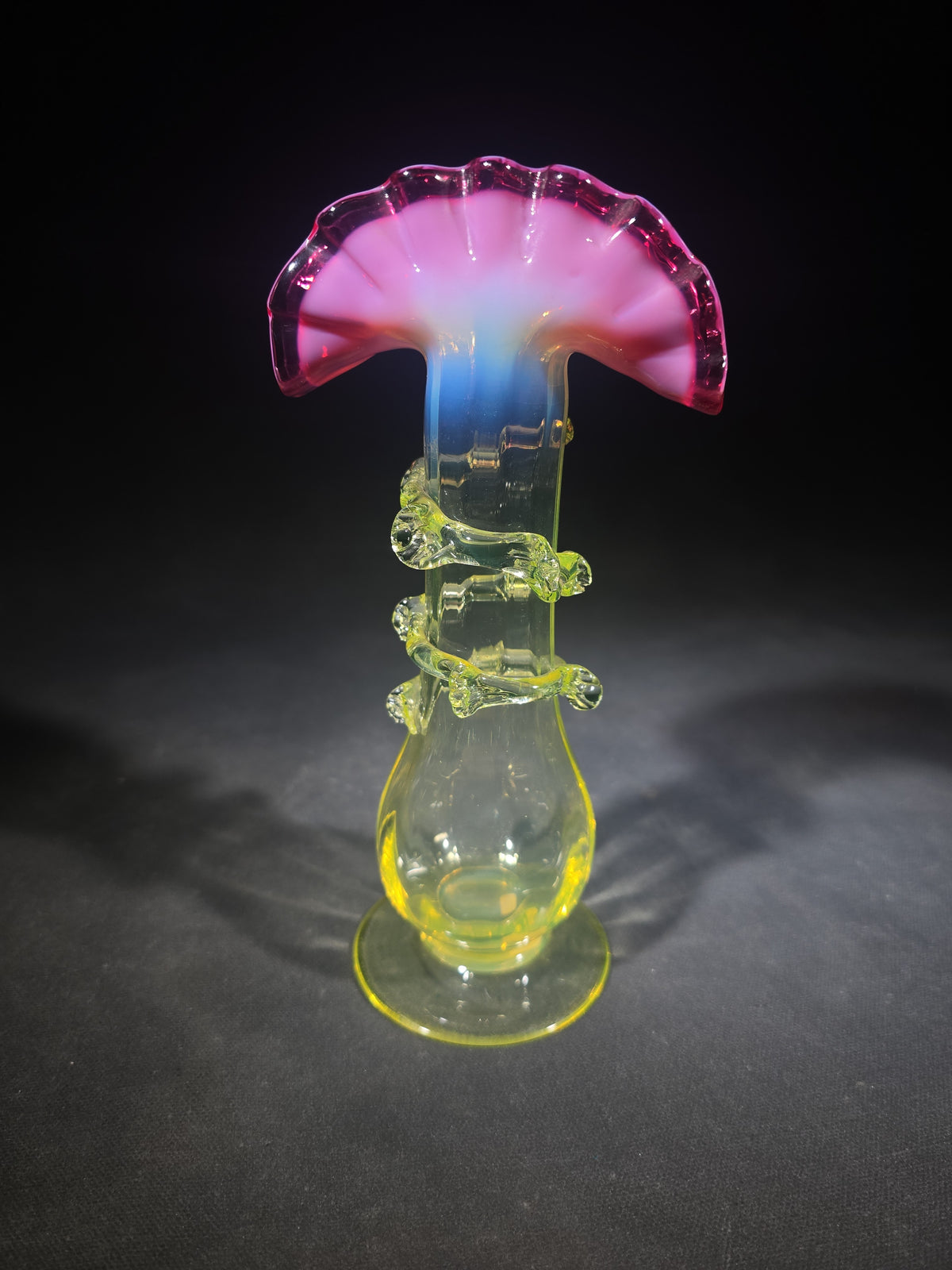 Vintage Rubina Verde Uranium Glass Bud Vase with Ruffled Rim and Applied Rigaree, UV Reactive
