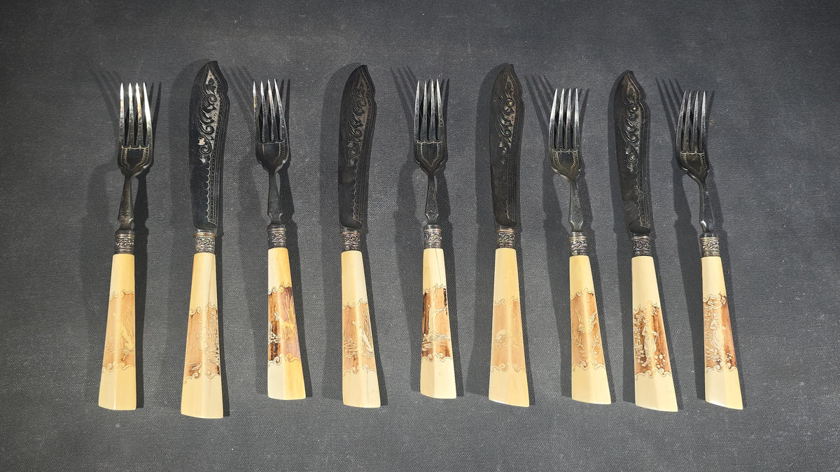 Grouping of Nine Antique Engraved Fish Knives and Forks with Carved Bone Handles Depicting Animals and Landscape Scenes, Marked J.H. Potter, Sheffield