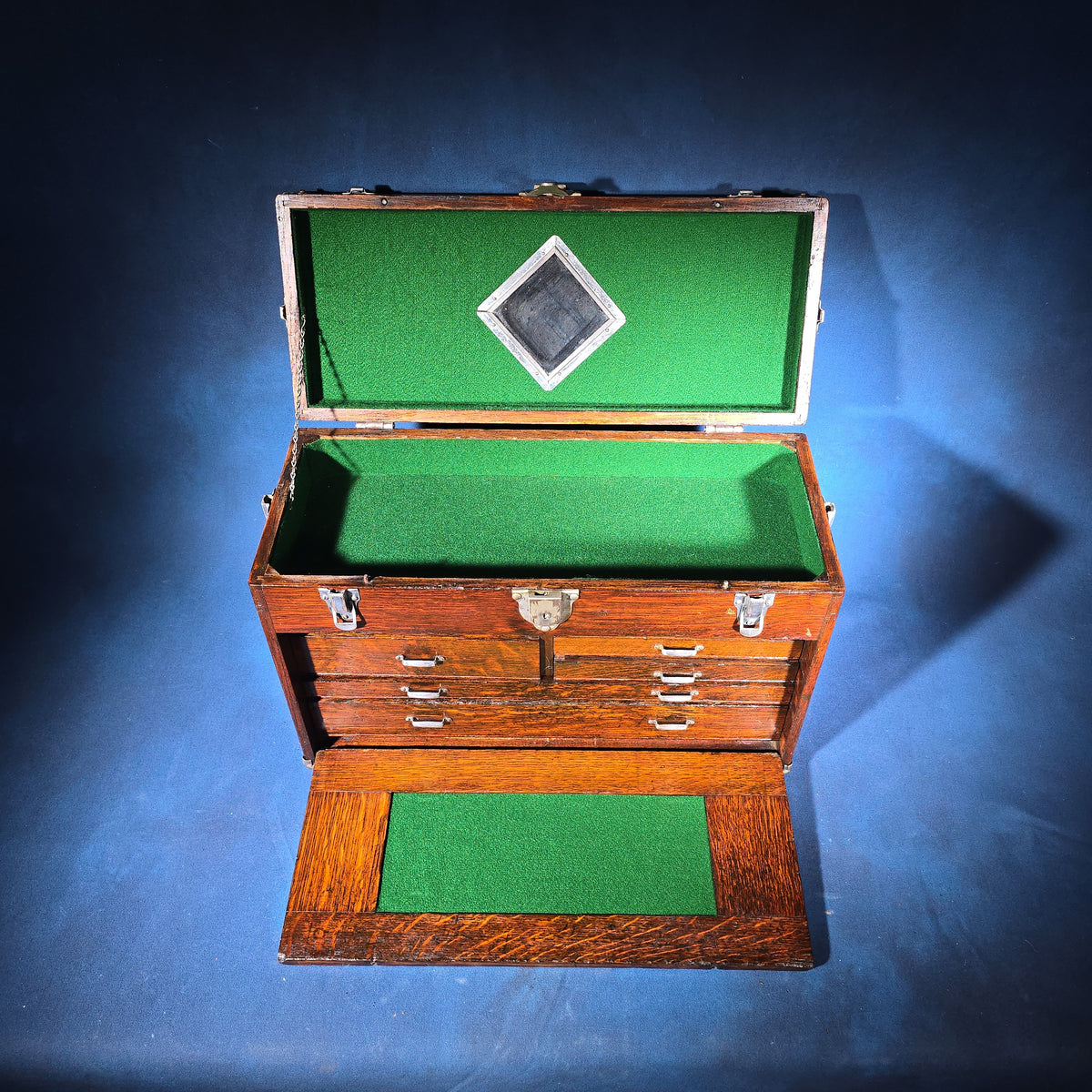Antique Oak Machinist's Tool Chest, Manufactured by Union Steel Chest Corporation, LeRoy, New York