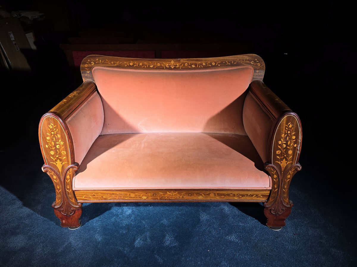 Antique Dutch Marquetry Inlaid Upholstered Settee