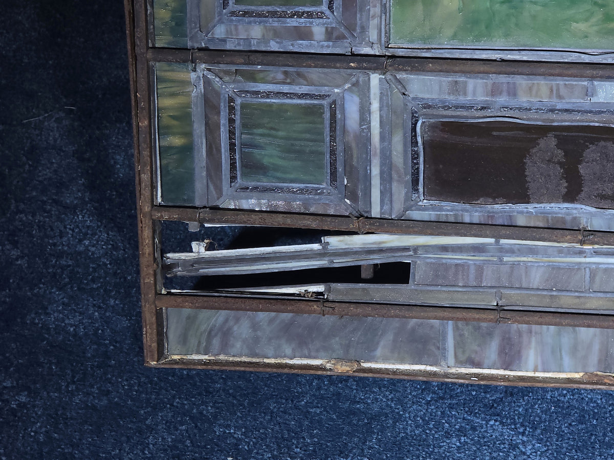 Antique Stained Glass Window, "Erected by Marion D. Gall, 1916," Note Many Breaks and Losses