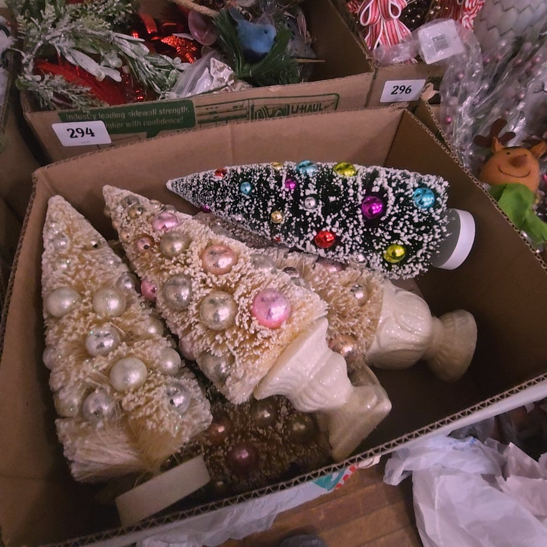 box lot with modern Christmas decor trees