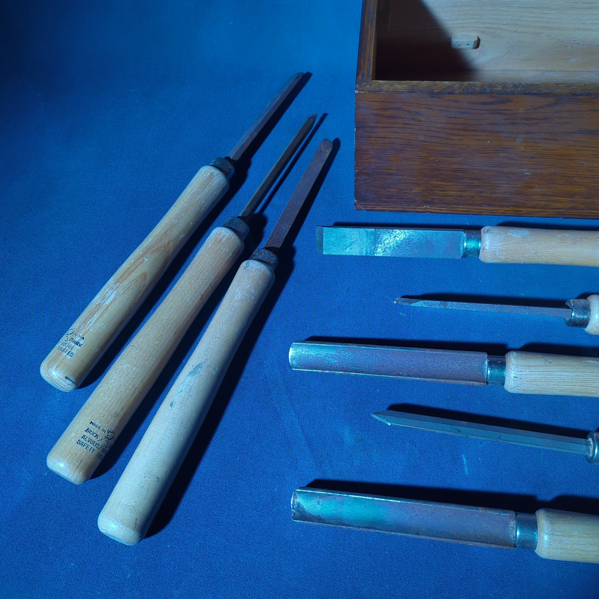 Vintage Buck Brothers Wood Lathe Chisels and Gouges, Made in U.S.A., in Oak Box