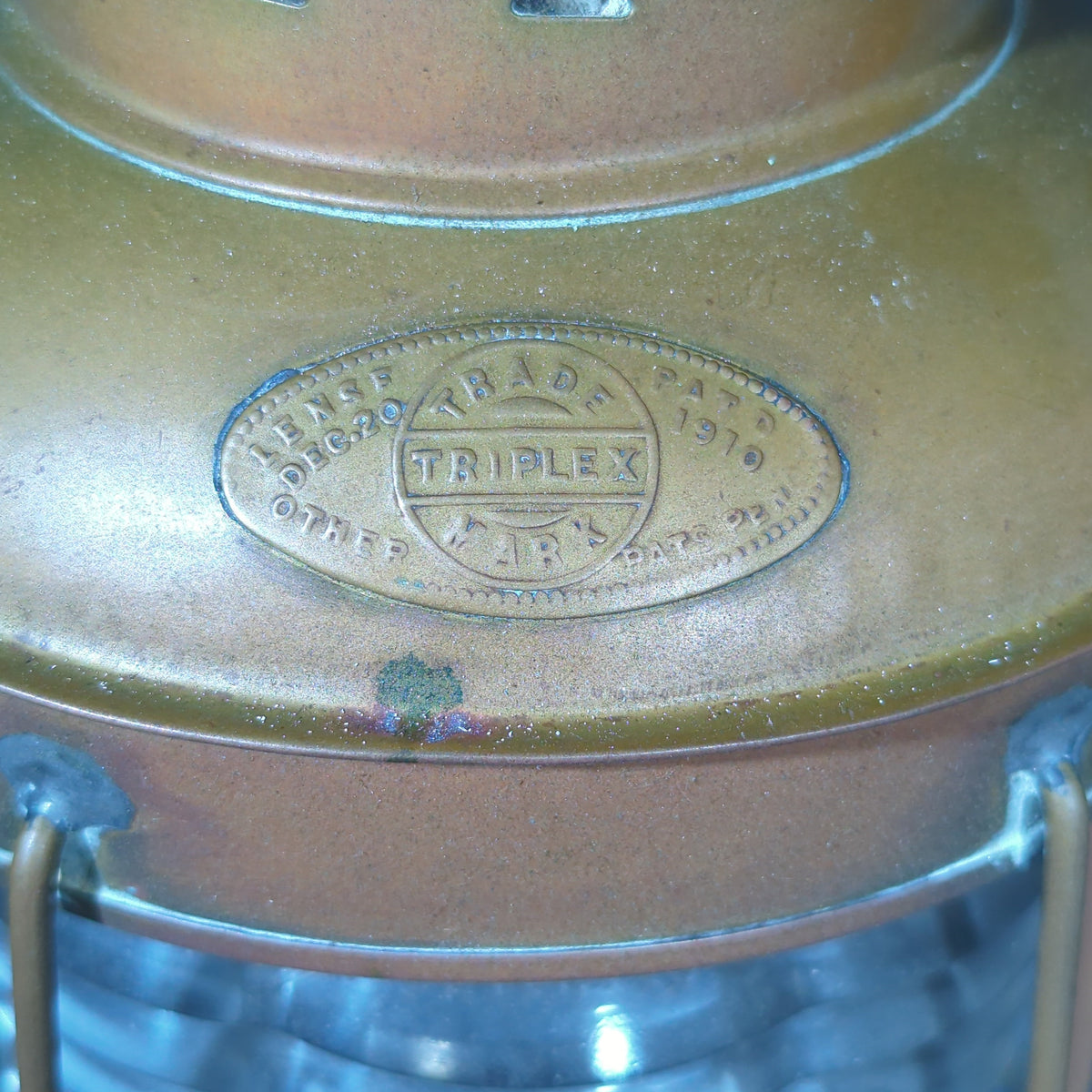 Pair of Antique Brass Ship's Lanterns with Fresnel Lenses, One Marked Triplex Patented 1910, One Electrified
