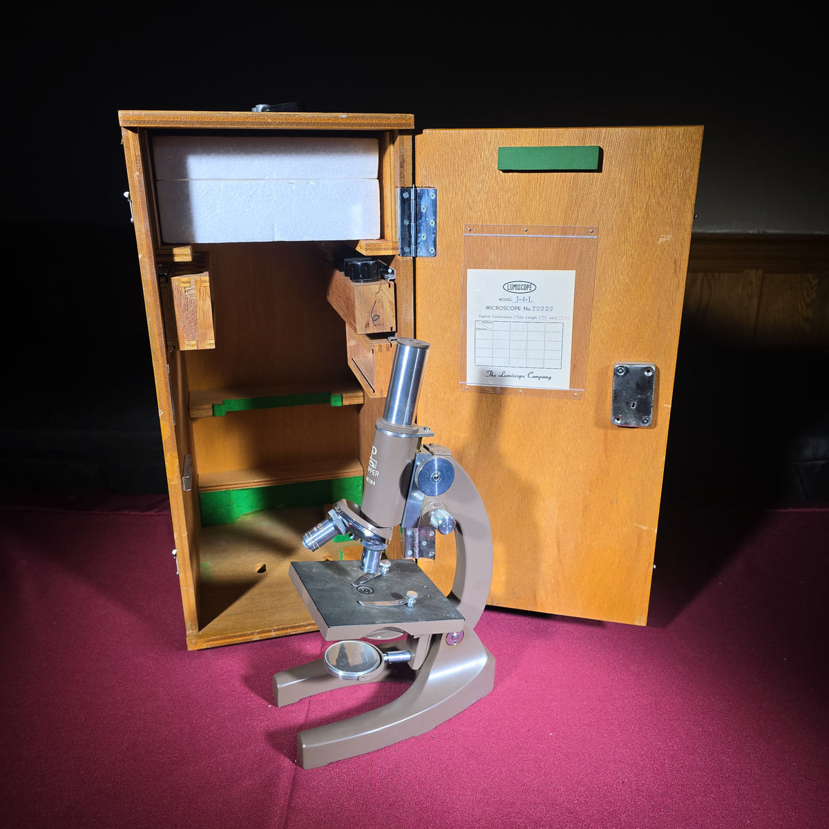 Vintage Propper Microscope Model J-4-L in Wooden Case, The Lumiscope Company, No. 72222