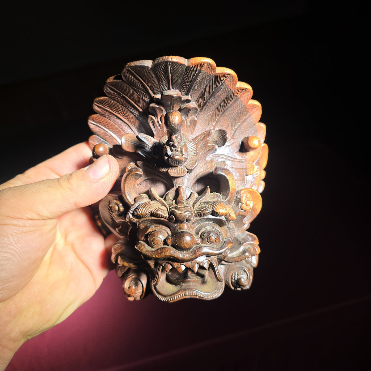 Trio of Vintage Balinese Carved Wood Masks including Barong and Headdress Masks, One Signed Puspa Bali
