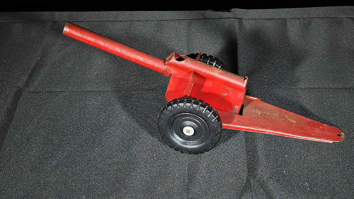 Vintage Pressed Steel Toy Artillery Cannon on Wheeled Carriage