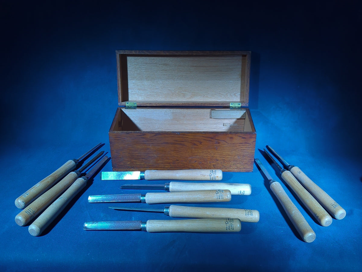 Vintage Buck Brothers Wood Lathe Chisels and Gouges, Made in U.S.A., in Oak Box