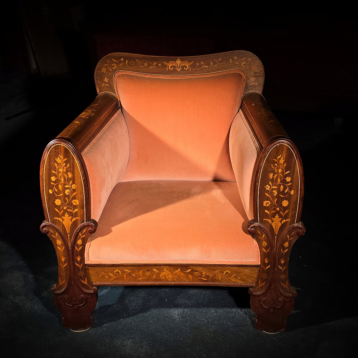 Antique Dutch Marquetry Inlaid Upholstered Club Chair