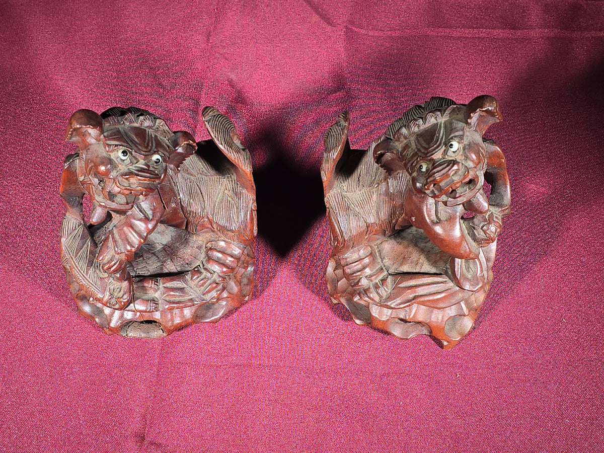 Pair of Vintage Carved Wood Foo Dog Figures with Inset Eyes