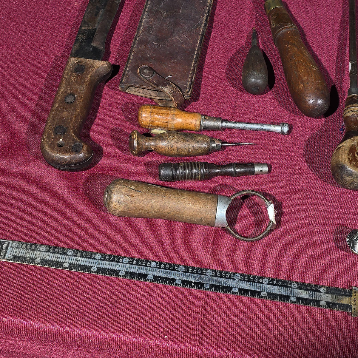 Grouping of Antique and Vintage Hand Tools including Case XX Knife with Leather Sheath, Chisels, Awls, Screwdrivers, Files, and Hammer Head