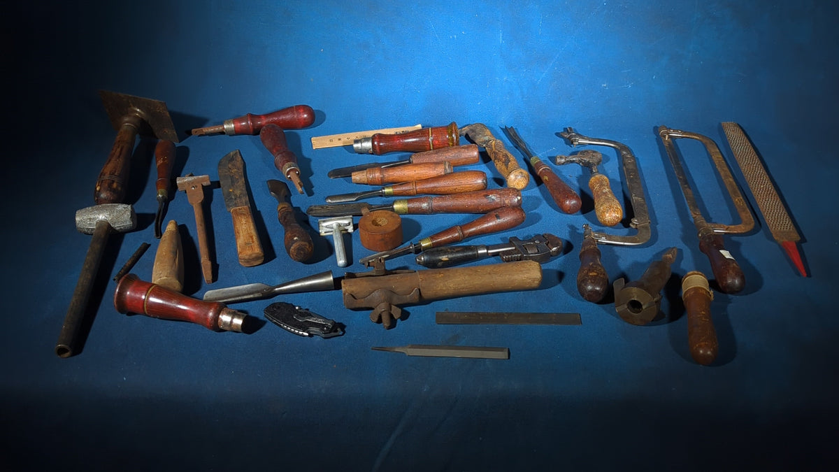 Grouping of Antique and Vintage Wood-Handled Hand Tools including Chisels, Screwdrivers, Hacksaws, Files, Wrenches, and Knives