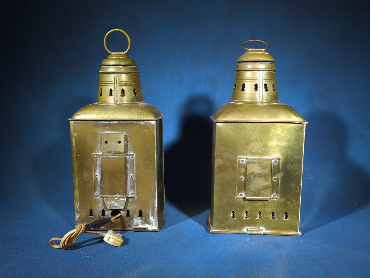 Pair of Antique Brass Ship's Lanterns with Fresnel Lenses, One Marked Triplex Patented 1910, One Electrified