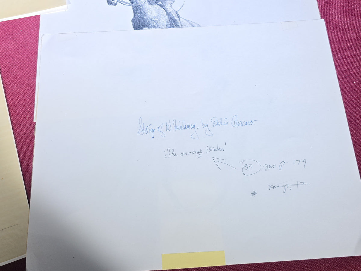Grouping of Six Vintage Original Pen and Ink Drawings on Paper by C.W. Anderson, Equestrian Subjects with Verso Notations for Book Publication