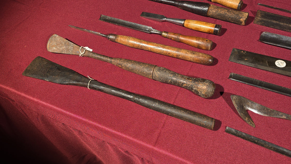Grouping of 14 Antique Woodworking Gouges and Chisels including T.H. Witherby Solid Steel, W. Butcher Cast Steel, D.M. Snedeker, Ward Cast Steel, and Eric Anton Berg Eskilstuna Sweden