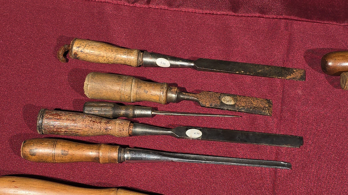 Grouping of 20+ Antique and Vintage Wood Chisels and Gouges including Witherby, Buck Brothers, and James Swan Co.