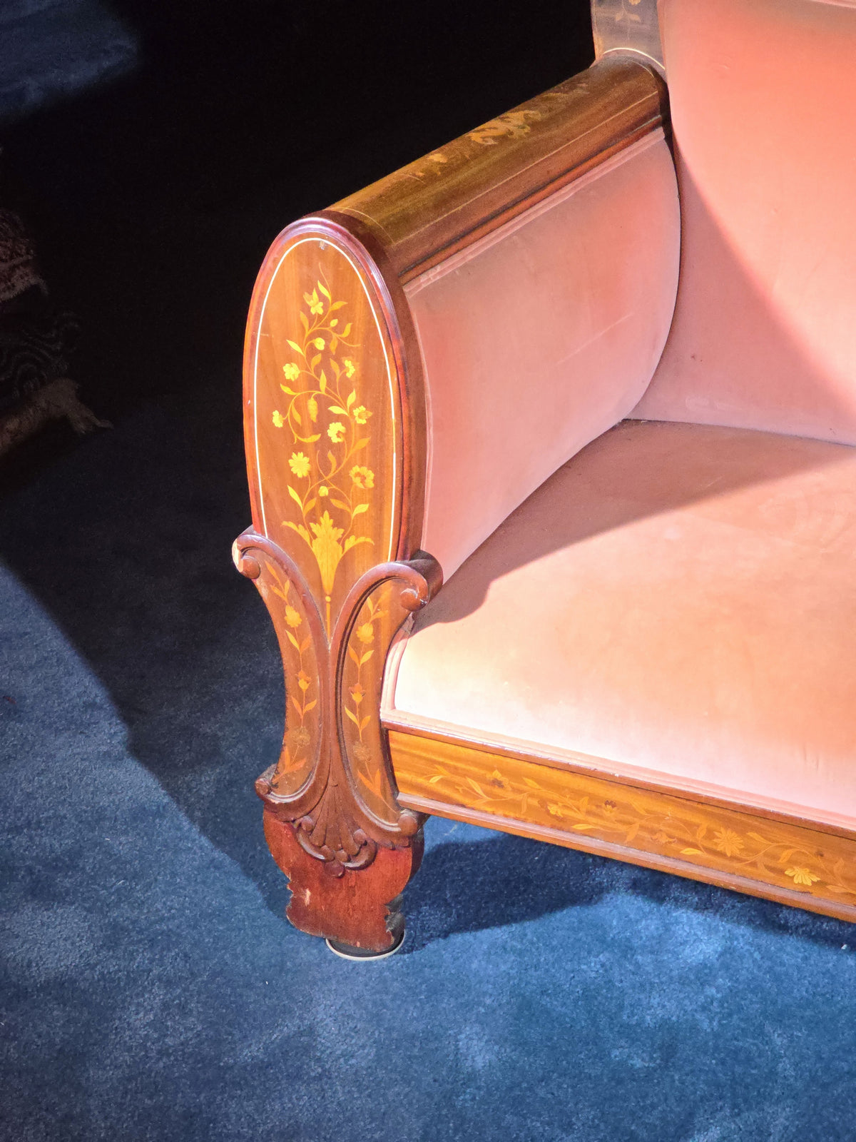 Antique Dutch Marquetry Inlaid Upholstered Settee