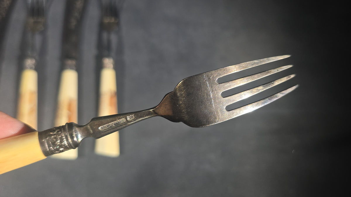 Grouping of Nine Antique Engraved Fish Knives and Forks with Carved Bone Handles Depicting Animals and Landscape Scenes, Marked J.H. Potter, Sheffield