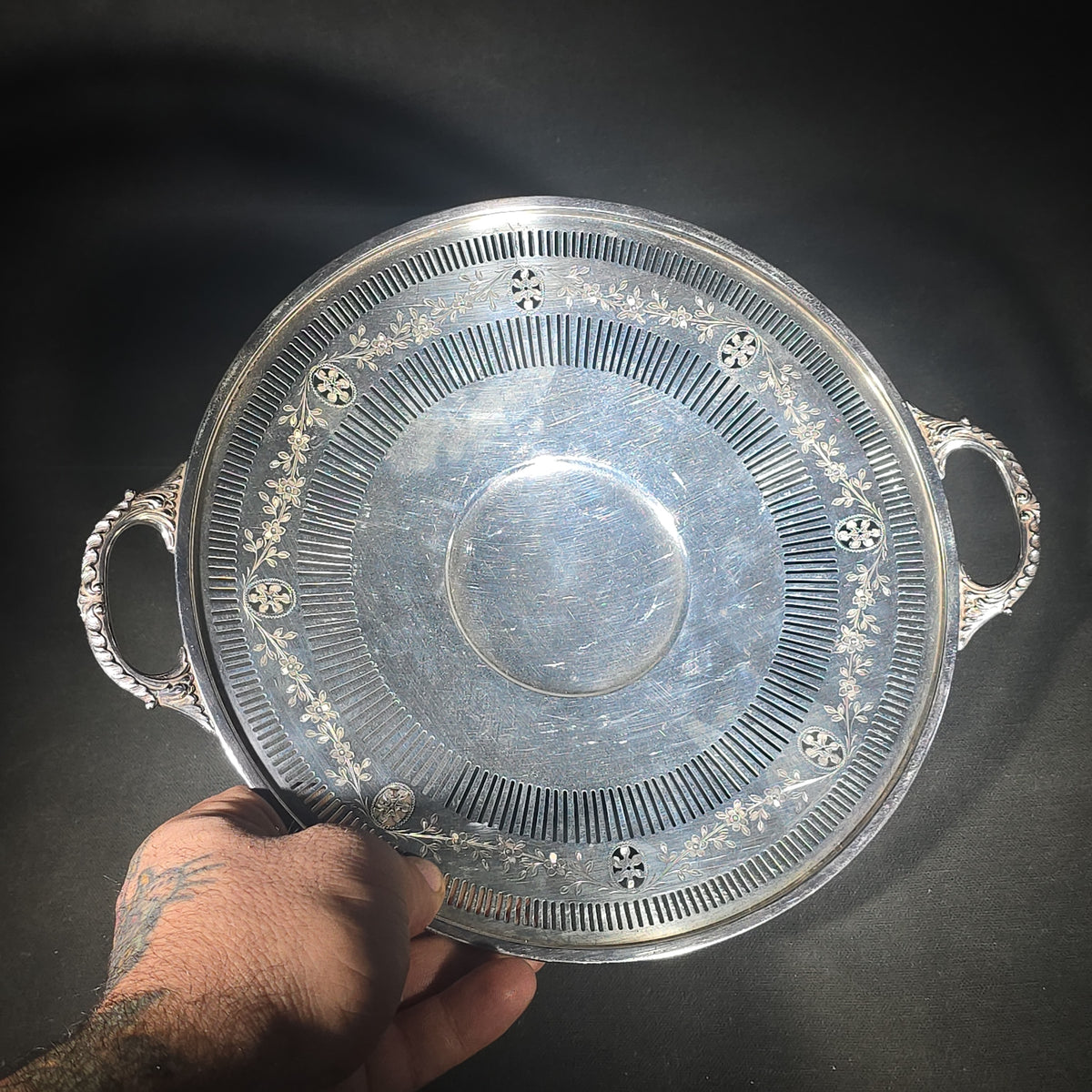 Sterling Silver Gorham Reticulated Two-Handled Serving Tray with Pierced Floral Medallions, Pattern 2305A, 1920
