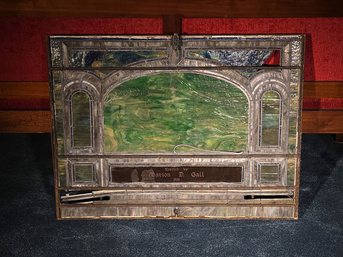 Antique Stained Glass Window, "Erected by Marion D. Gall, 1916," Note Many Breaks and Losses