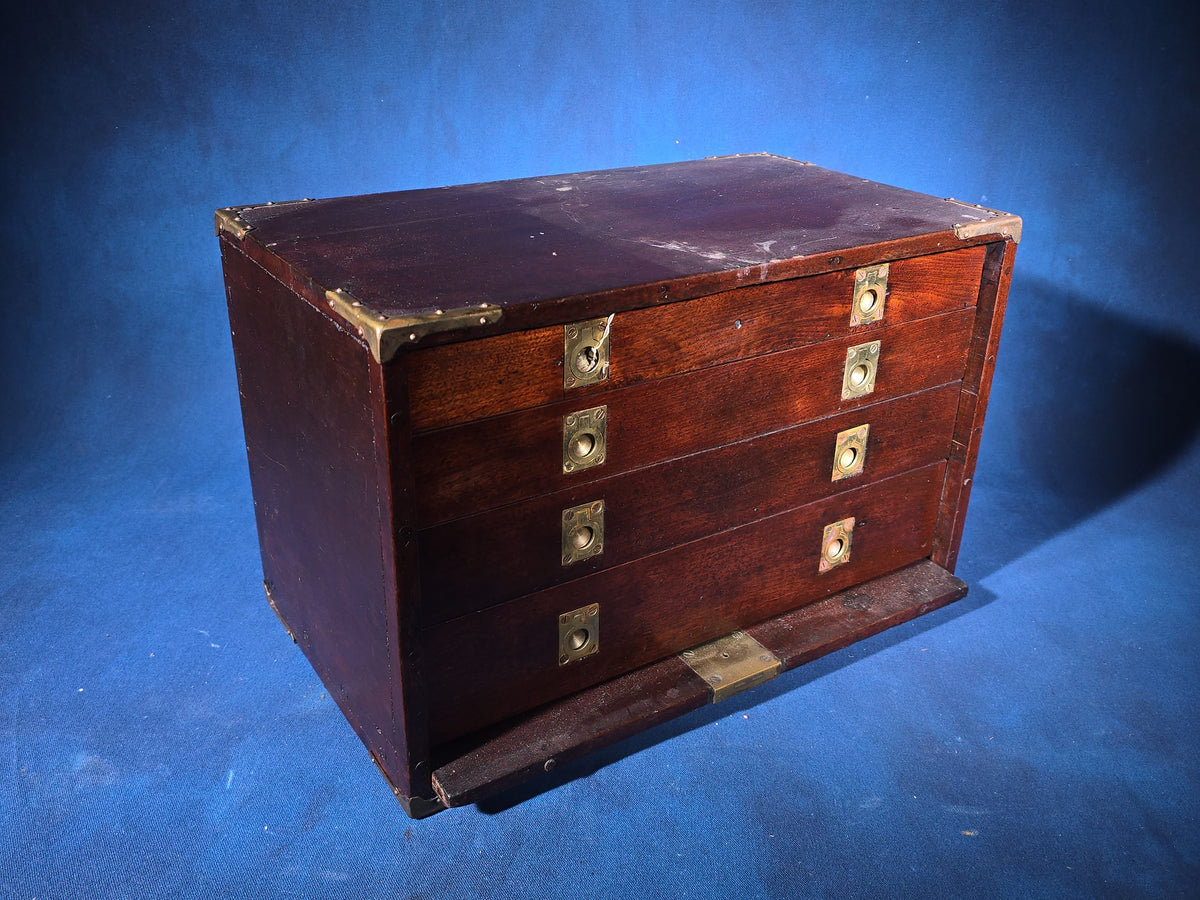 Antique Brass-Bound Mahogany Tool Chest with Four Felt-Lined Drawers