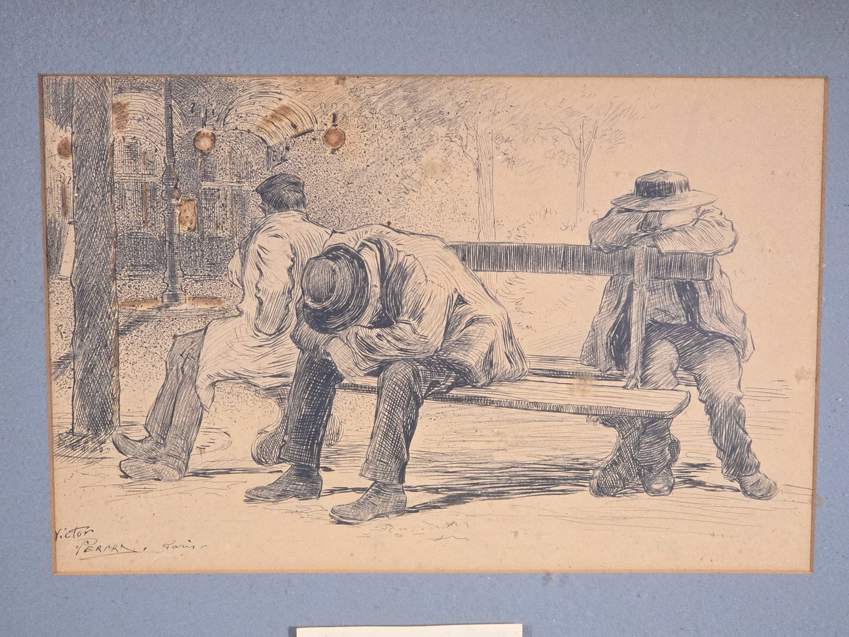 Antique Framed Ink Drawing of Three Men Sleeping on a Park Bench, Signed Victor Perard, Paris