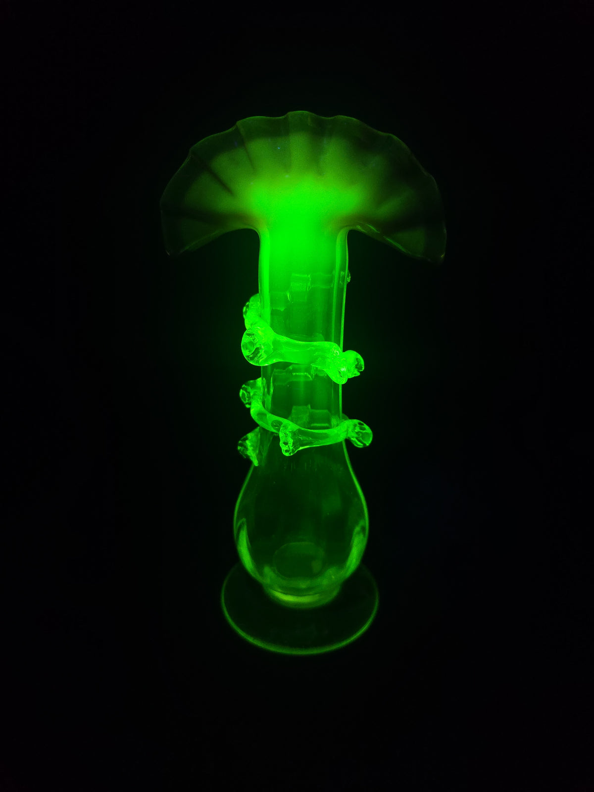 Vintage Rubina Verde Uranium Glass Bud Vase with Ruffled Rim and Applied Rigaree, UV Reactive