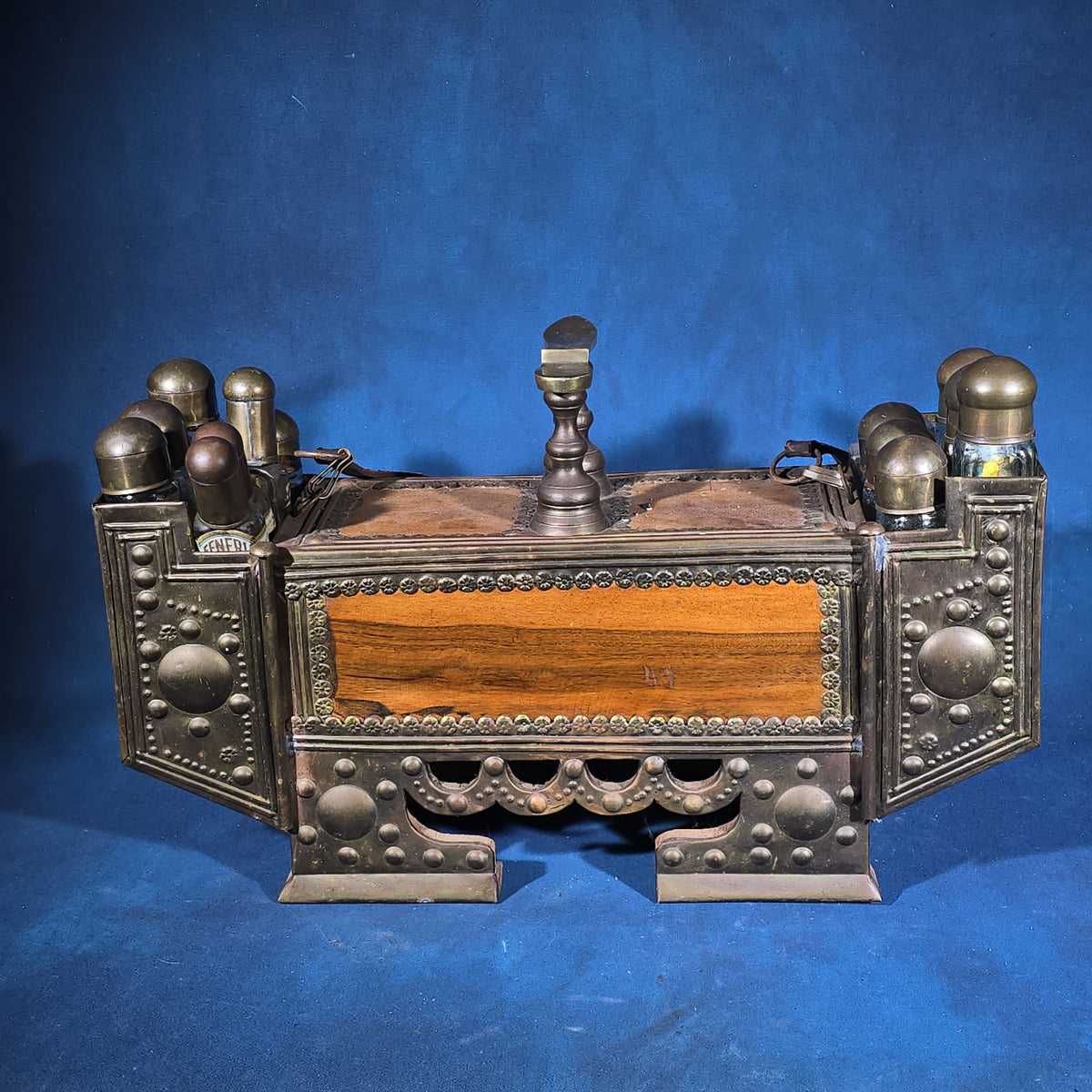 Antique Brass and Wood Shoe Shine Kit with Glass Bottles, Drawers, and Leather Carry Strap
