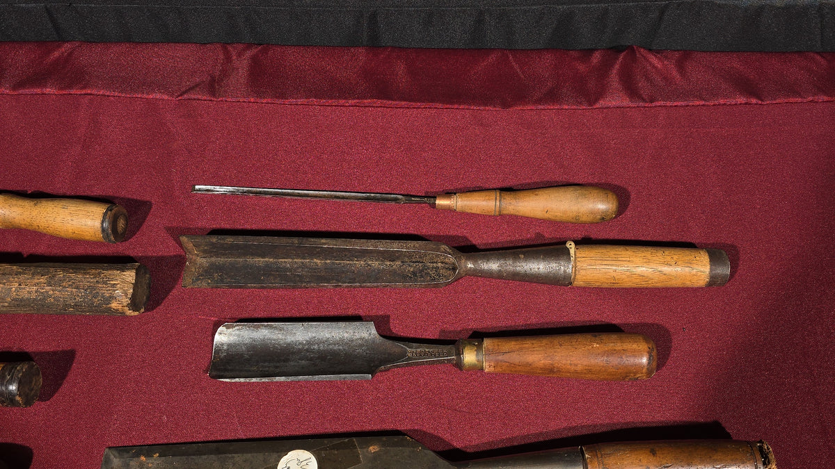 Grouping of 14 Antique Woodworking Gouges and Chisels including T.H. Witherby Solid Steel, W. Butcher Cast Steel, D.M. Snedeker, Ward Cast Steel, and Eric Anton Berg Eskilstuna Sweden