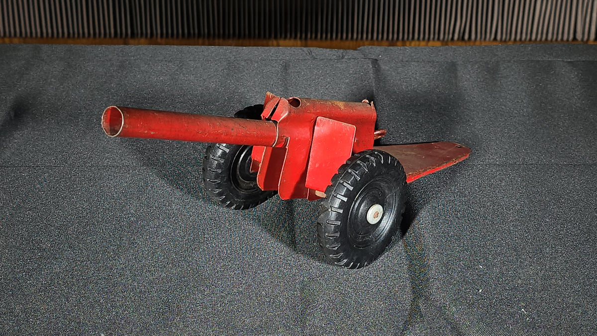 Vintage Pressed Steel Toy Artillery Cannon on Wheeled Carriage