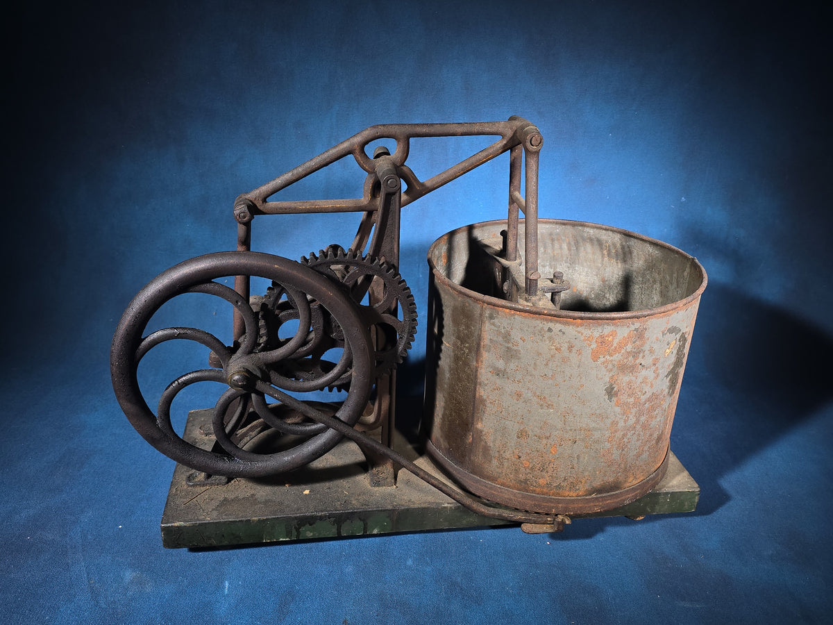 Antique Cast Iron Hand-Crank Food Chopper with Bucket on Wood Base
