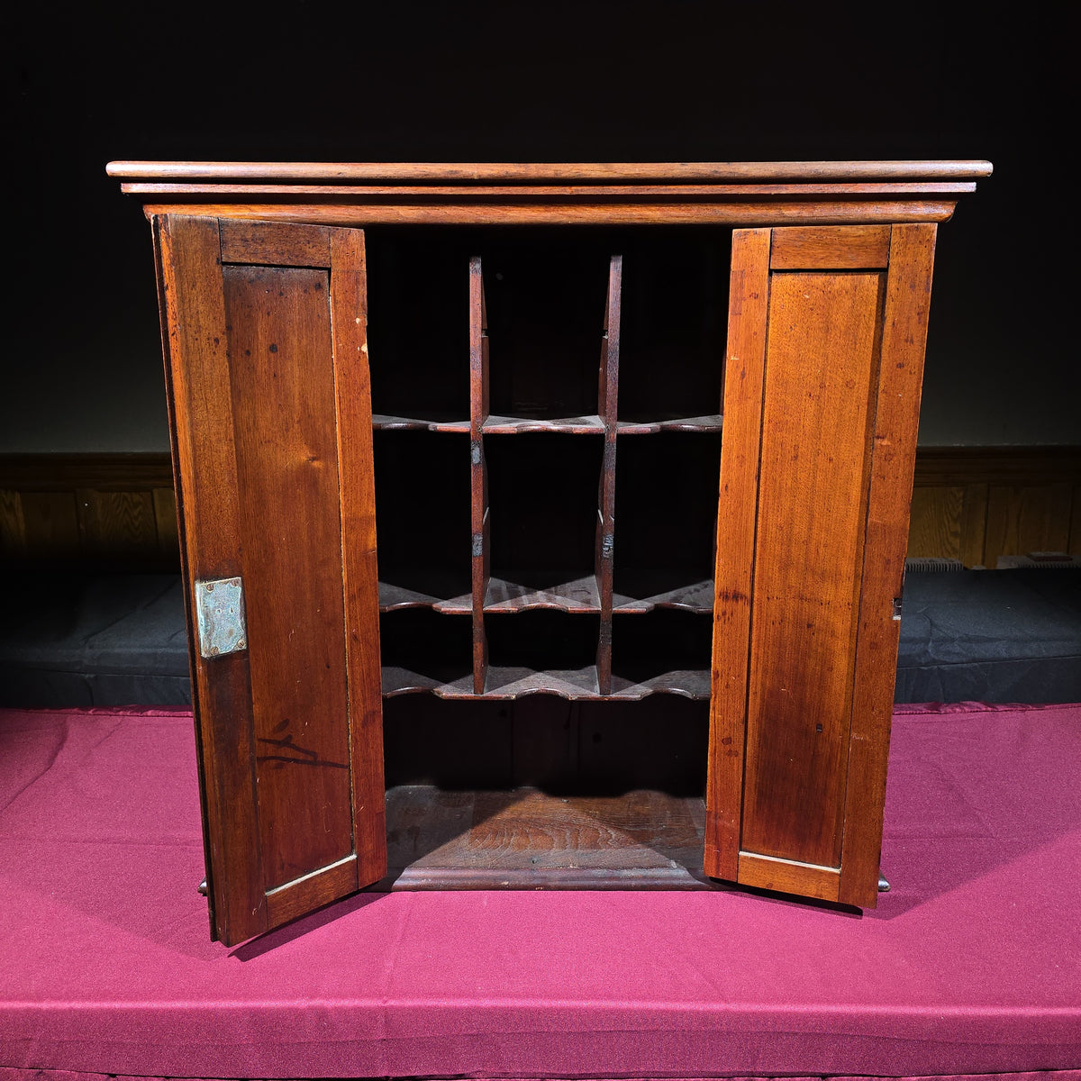 Antique Two-Door Wooden Cabinet with Interior Pigeonhole Compartments