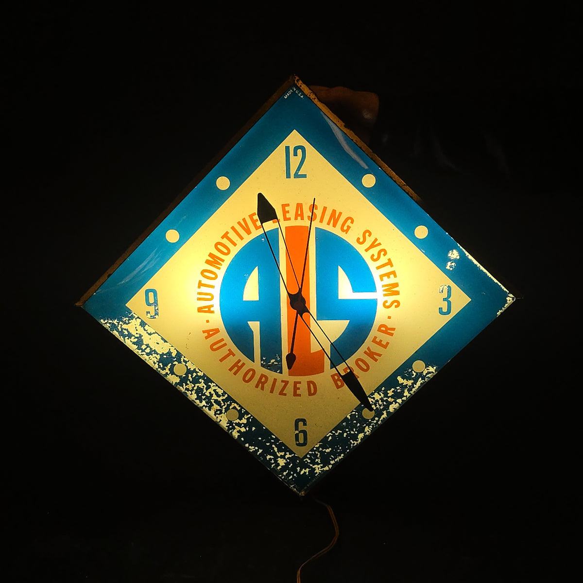 Vintage A.L.S. Automotive Leasing Systems Authorized Broker Illuminated Advertising Clock, Manufactured by Pam Clock Co. Inc., New Rochelle, New York