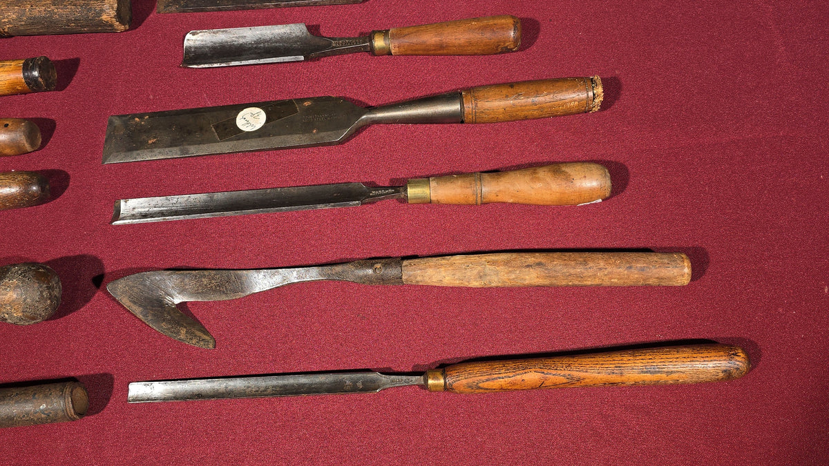 Grouping of 14 Antique Woodworking Gouges and Chisels including T.H. Witherby Solid Steel, W. Butcher Cast Steel, D.M. Snedeker, Ward Cast Steel, and Eric Anton Berg Eskilstuna Sweden