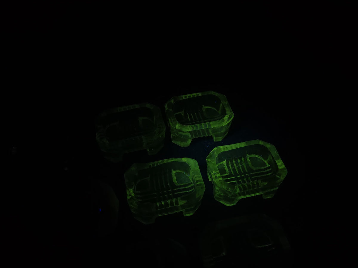 Grouping of 13 Antique Pressed Glass Open Salt Cellars including 12 Matching Uranium Glass and One White Milk Glass