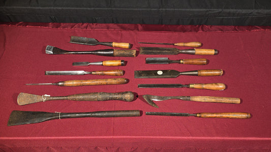 Grouping of 14 Antique Woodworking Gouges and Chisels including T.H. Witherby Solid Steel, W. Butcher Cast Steel, D.M. Snedeker, Ward Cast Steel, and Eric Anton Berg Eskilstuna Sweden