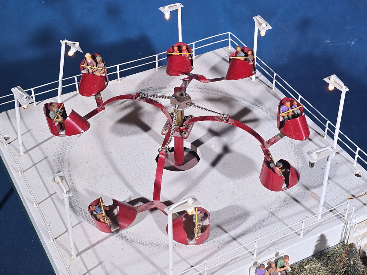 Vintage Handmade Motorized Tabletop Carnival Scrambler Ride Model with Lights and Figures