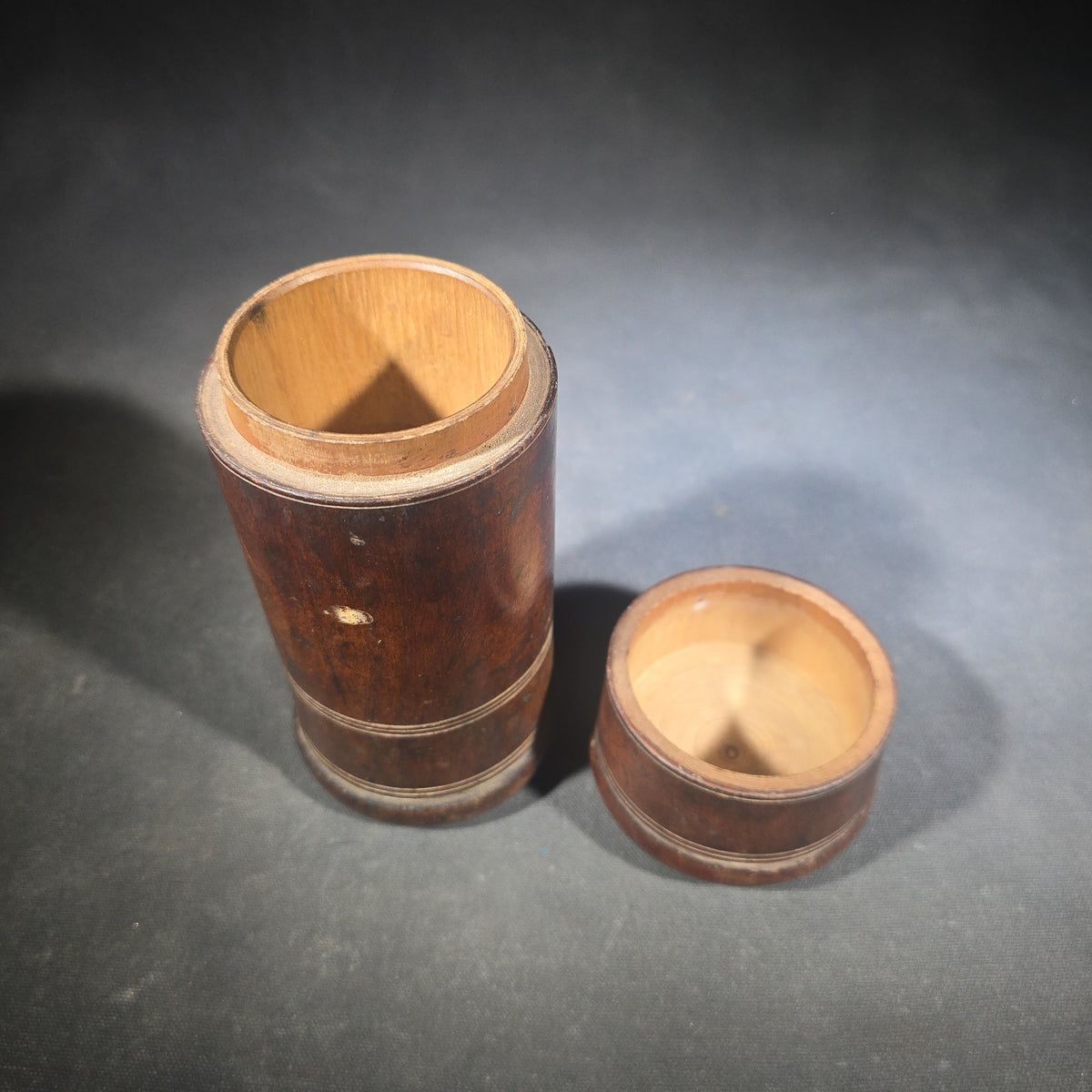 Antique Turned Wood Cylindrical Lidded Container with Incised Ring Decoration