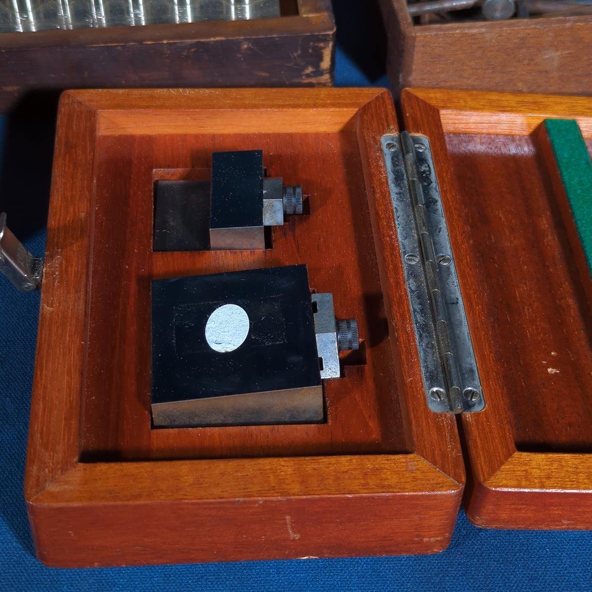 Grouping of Four Vintage and Antique Wooden-Boxed Machinist Tool Sets including Countersink Set, Taps and Dies, Number Stamps, and Alameda Gauge Co. Tool