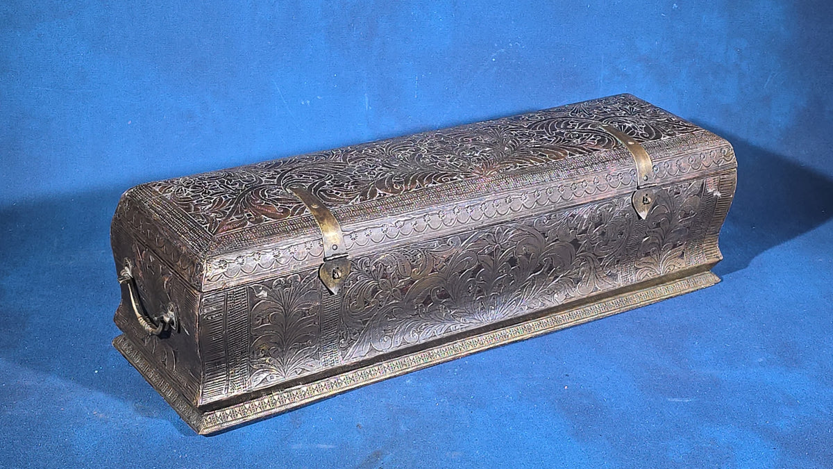 Vintage Engraved Metal-Clad Wooden Dome-Top Box with Brass Straps and Side Handles