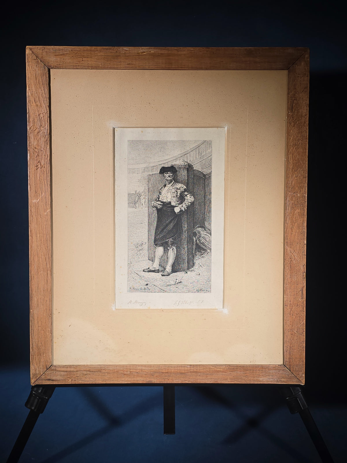 Antique Framed Engraving Print of a Matador, After J. G. Vibert, 1869, Engraved by A. Mongin, Pencil Signed