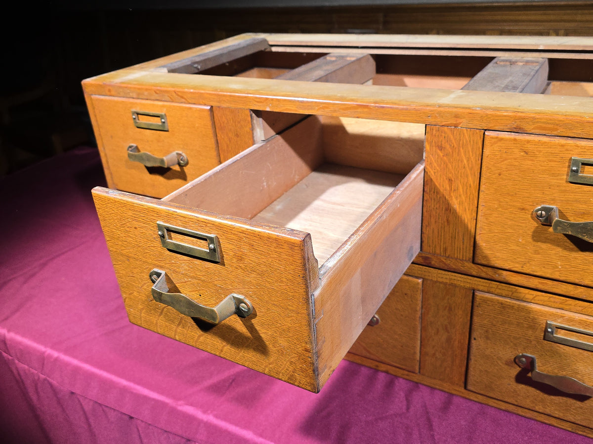 Pair of Antique Oak Three-Drawer Card Catalog Filing Cabinet Sections with Brass Hardware