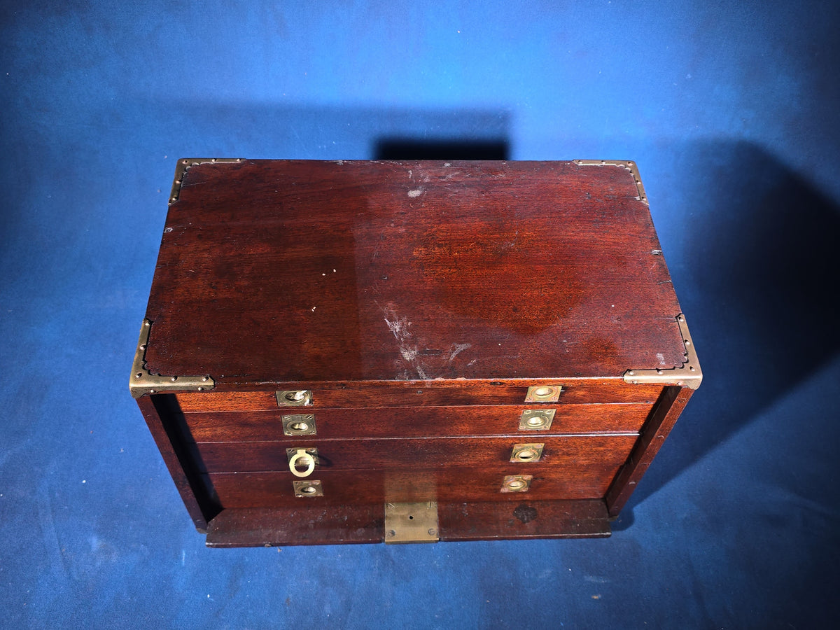 Antique Brass-Bound Mahogany Tool Chest with Four Felt-Lined Drawers