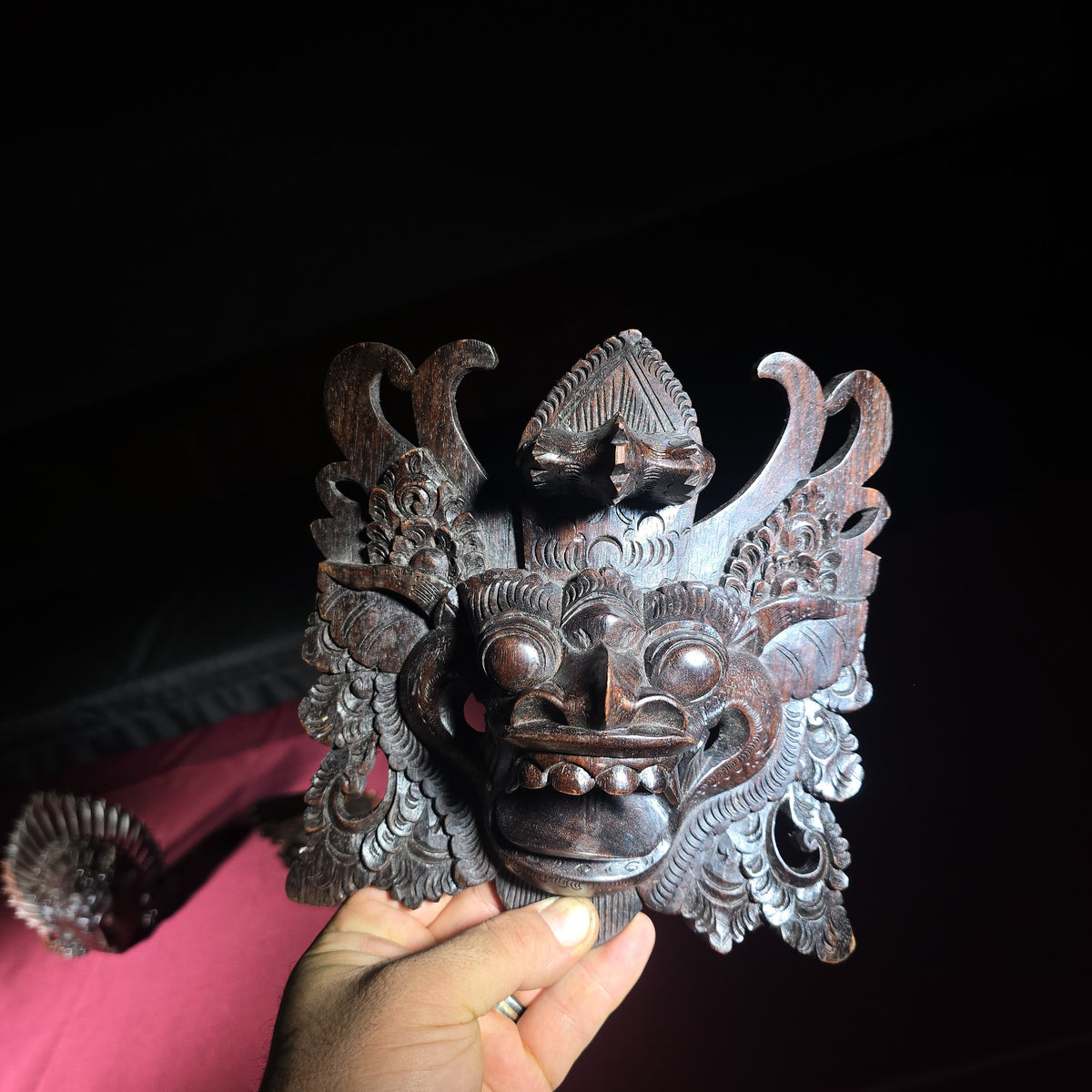 Trio of Vintage Balinese Carved Wood Masks including Barong and Headdress Masks, One Signed Puspa Bali