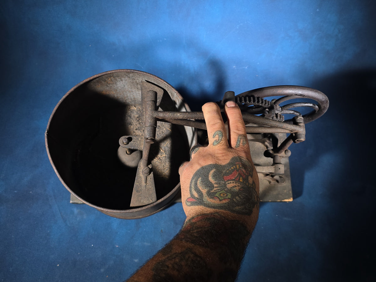 Antique Cast Iron Hand-Crank Food Chopper with Bucket on Wood Base